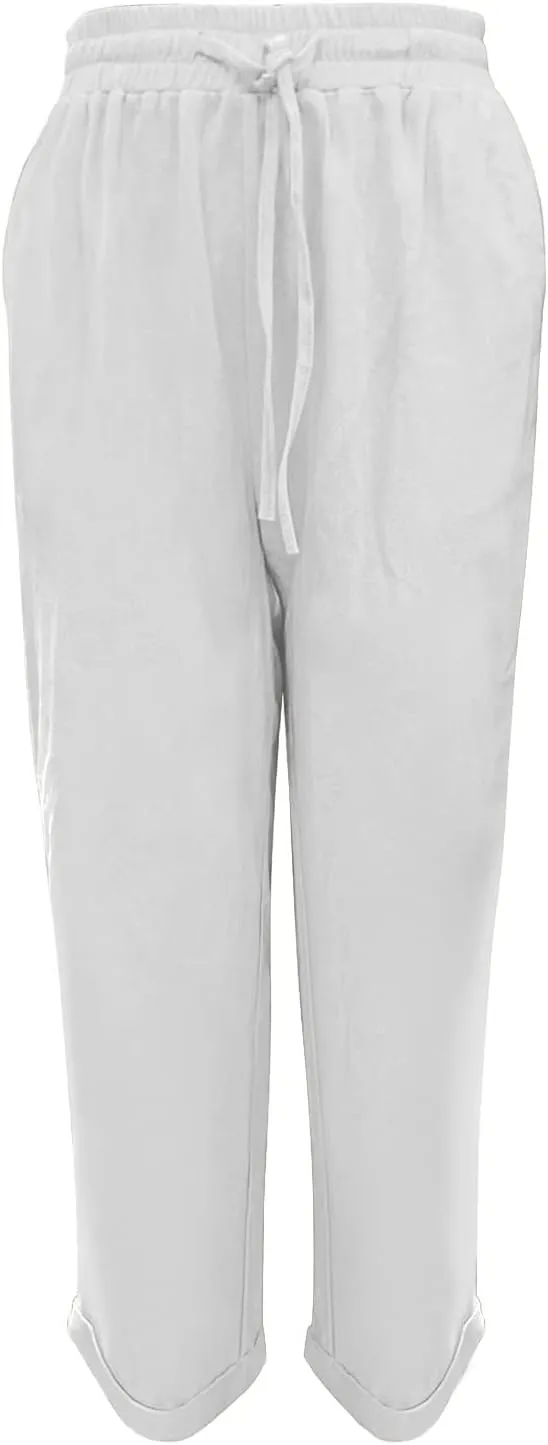 Linen Pants for Women 2025 Casual Straight Leg Drawstring Loose Lightweight Trousers with Pockets High Waist Pants