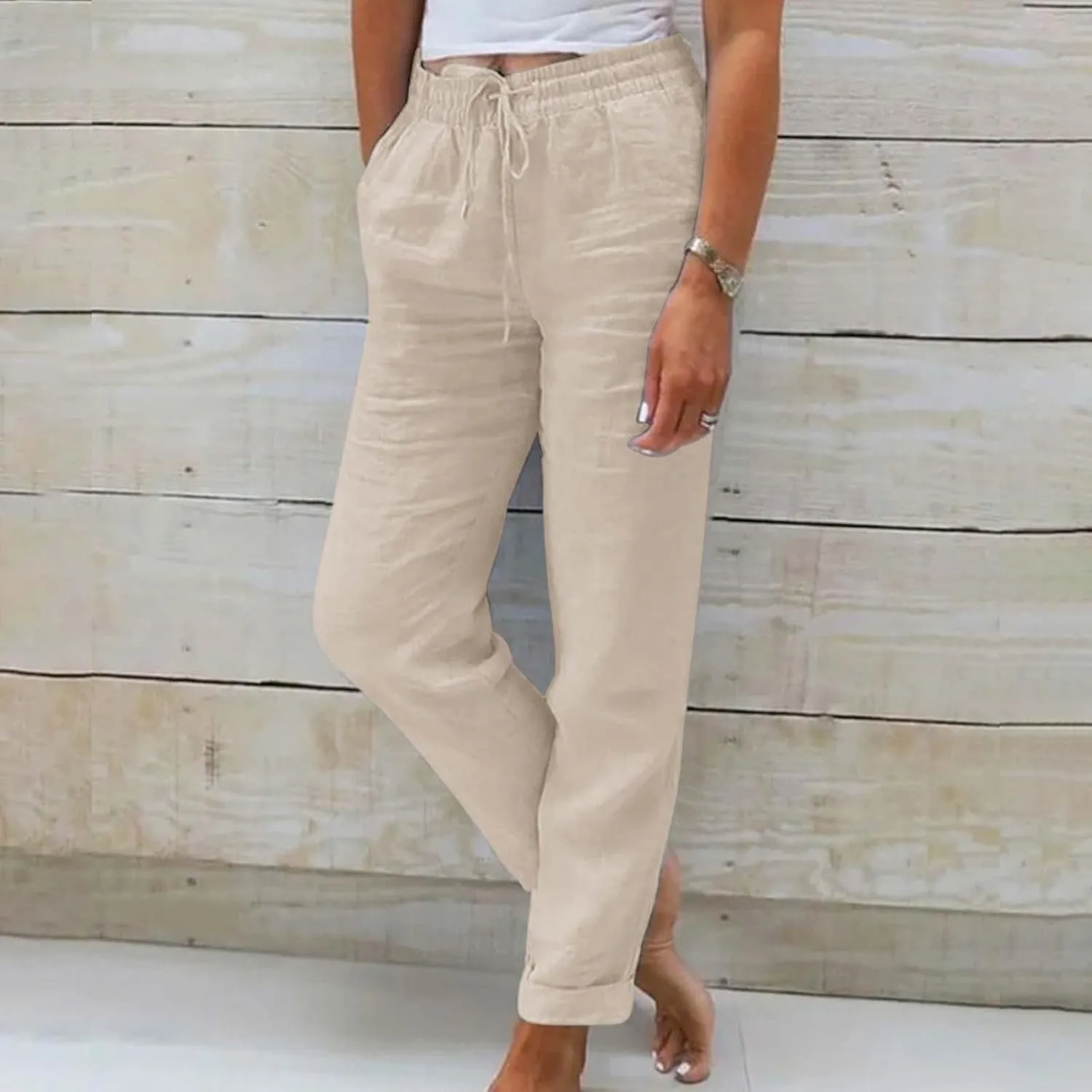 Linen Pants for Women 2025 Casual Straight Leg Drawstring Loose Lightweight Trousers with Pockets High Waist Pants