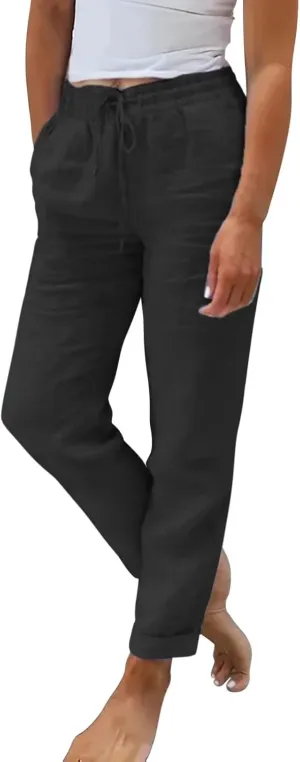 Linen Pants for Women 2025 Casual Straight Leg Drawstring Loose Lightweight Trousers with Pockets High Waist Pants