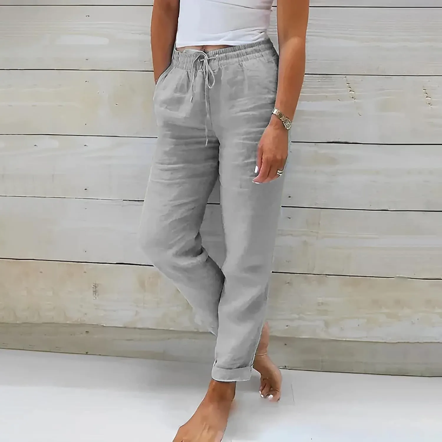 Linen Pants for Women 2025 Casual Straight Leg Drawstring Loose Lightweight Trousers with Pockets High Waist Pants