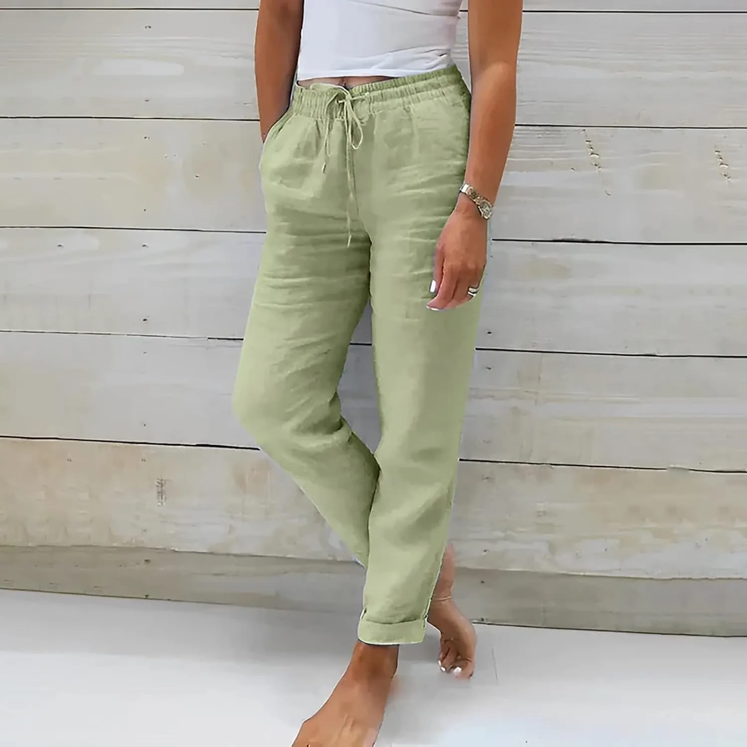 Linen Pants for Women 2025 Casual Straight Leg Drawstring Loose Lightweight Trousers with Pockets High Waist Pants