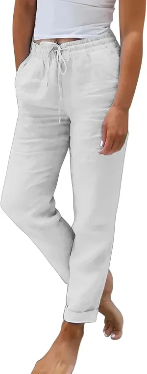 Linen Pants for Women 2025 Casual Straight Leg Drawstring Loose Lightweight Trousers with Pockets High Waist Pants