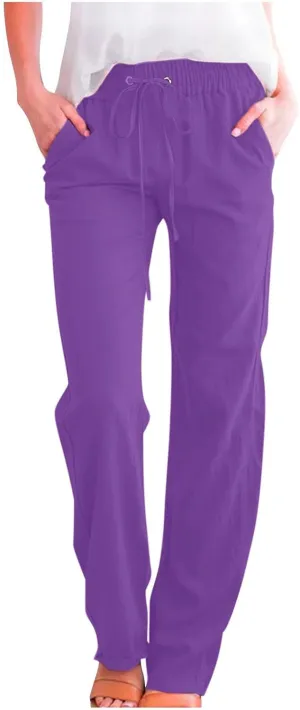 Linen Pants for Women Drawstring Elastic High Waist Pants Loose Straight Leg Lightweight Trousers Pants