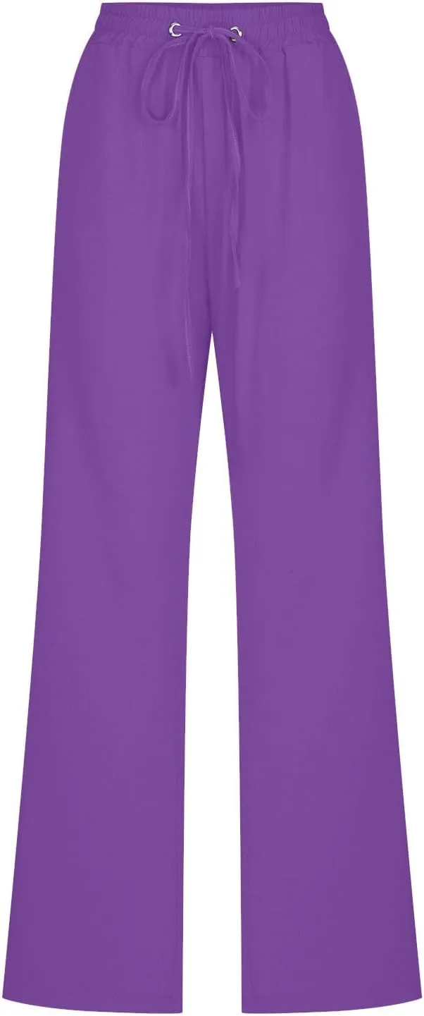 Linen Pants for Women Drawstring Elastic High Waist Pants Loose Straight Leg Lightweight Trousers Pants