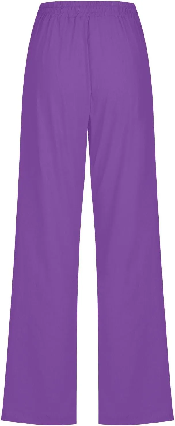 Linen Pants for Women Drawstring Elastic High Waist Pants Loose Straight Leg Lightweight Trousers Pants