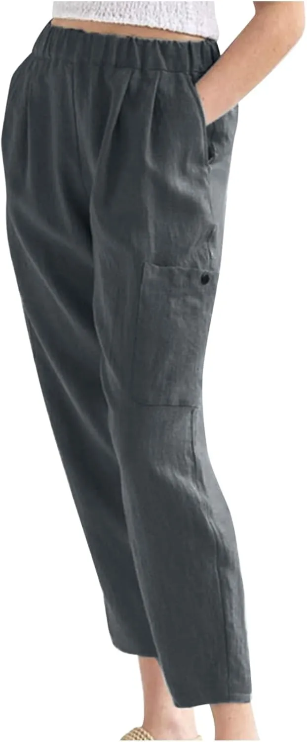 Linen Pants for Women Summer 2024 Casual Straight Leg High Waist Pants Loose Long Lounge Trousers