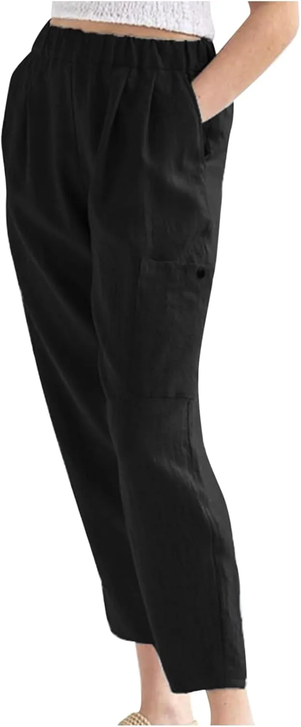 Linen Pants for Women Summer 2024 Casual Straight Leg High Waist Pants Loose Long Lounge Trousers