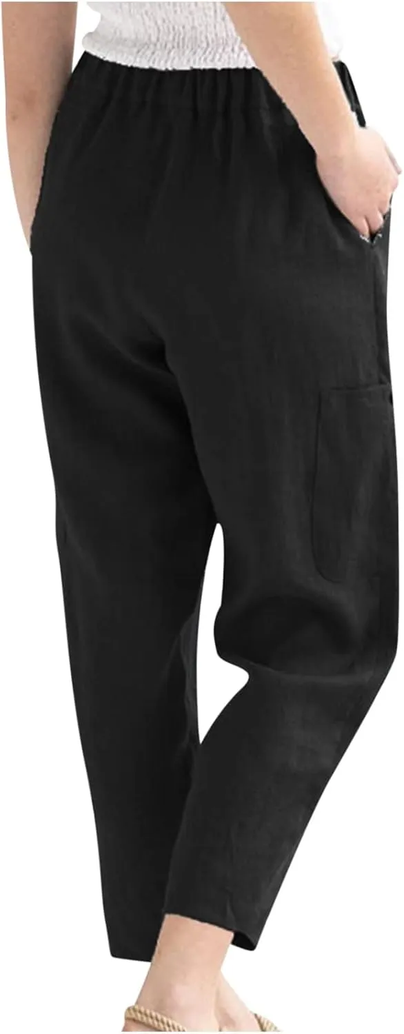 Linen Pants for Women Summer 2024 Casual Straight Leg High Waist Pants Loose Long Lounge Trousers