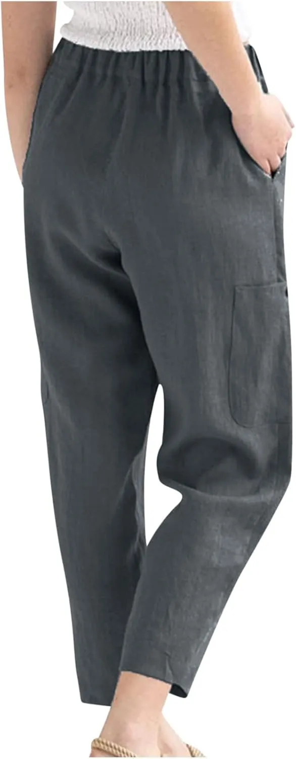 Linen Pants for Women Summer 2024 Casual Straight Leg High Waist Pants Loose Long Lounge Trousers