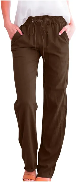 Linen Pants Women Casual Straight Leg Drawstring Elastic High Waist Pants Loose Comfy Palazzo Trousers with Pockets