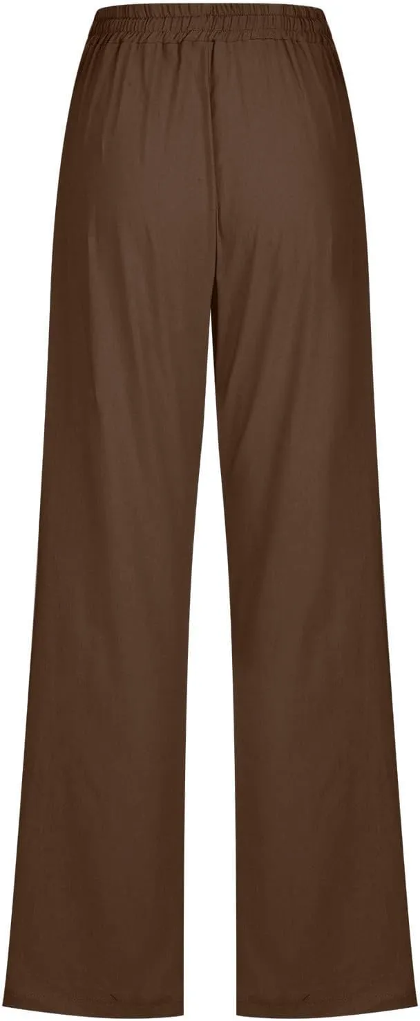 Linen Pants Women Casual Straight Leg Drawstring Elastic High Waist Pants Loose Comfy Palazzo Trousers with Pockets