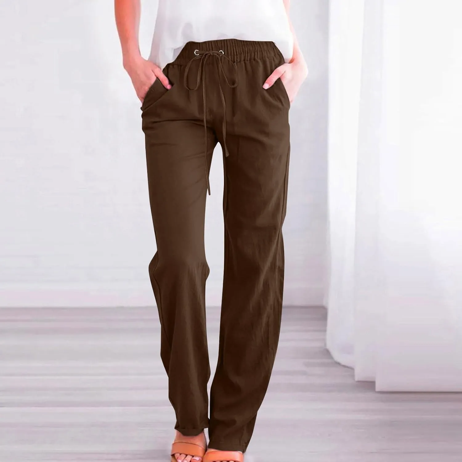 Linen Pants Women Casual Straight Leg Drawstring Elastic High Waist Pants Loose Comfy Palazzo Trousers with Pockets