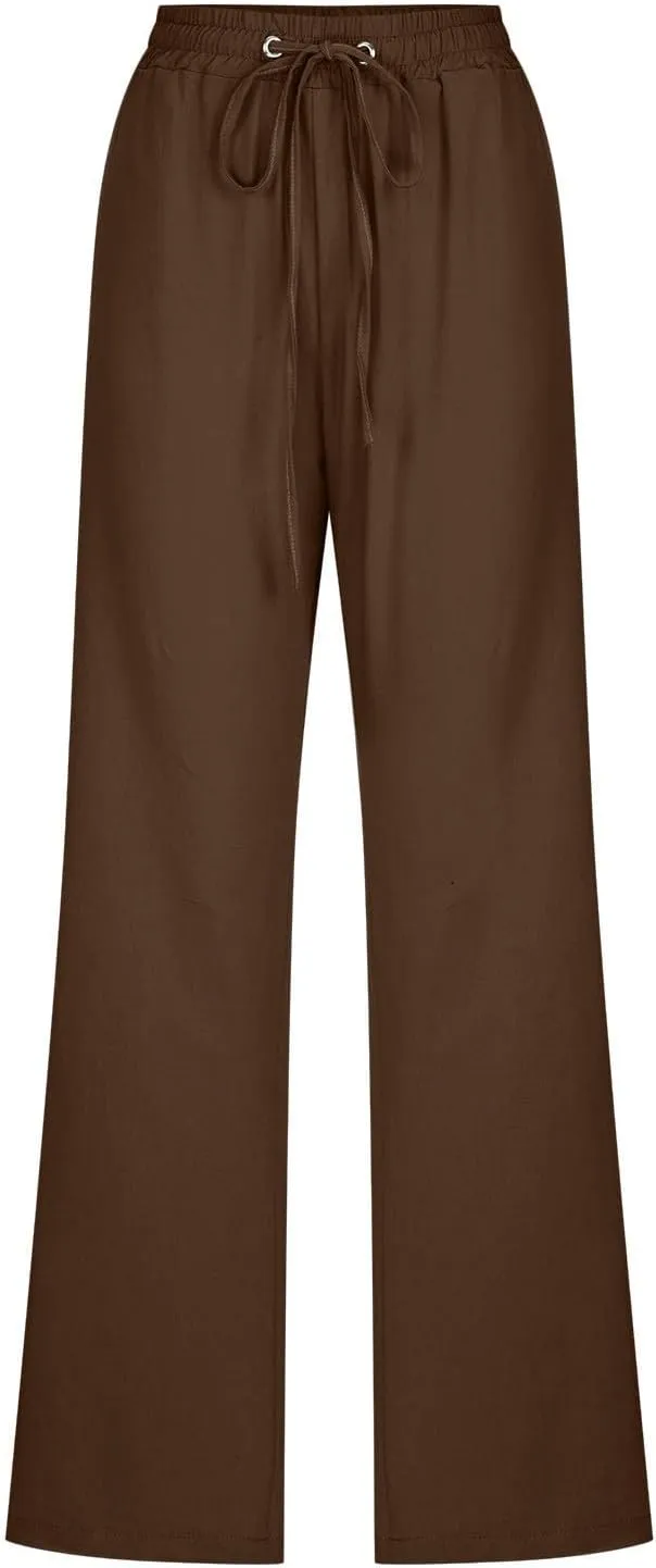 Linen Pants Women Casual Straight Leg Drawstring Elastic High Waist Pants Loose Comfy Palazzo Trousers with Pockets