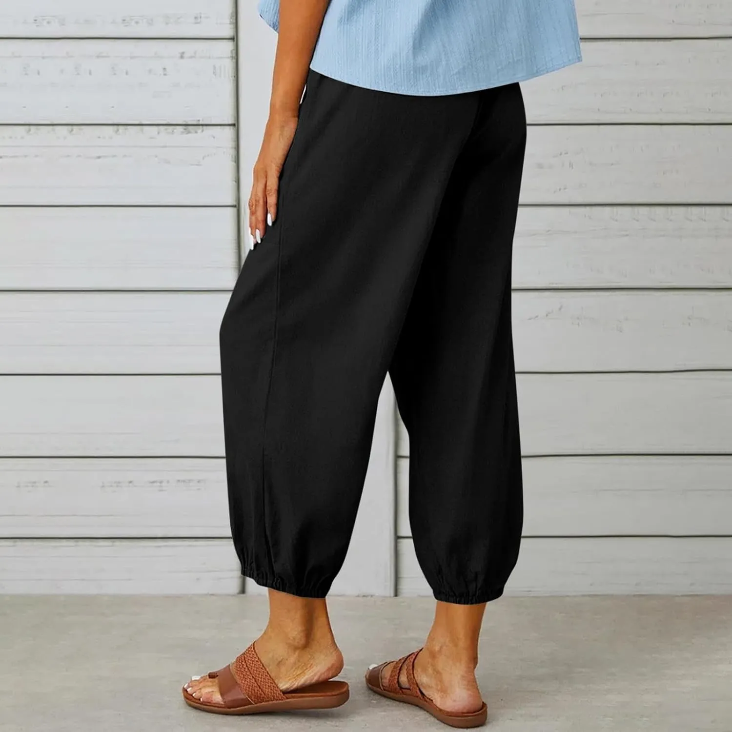 Linen Pants Women Drawstring Capri Pants Summer Casual High Waist Pants Button Slit Trousers Baggy Slacks with Pocket