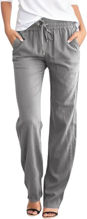Linen Pants Women Straight Leg Drawstring Casual High Waisted Pants Loose Fit Summer Pant with Pockets Lounge Trousers