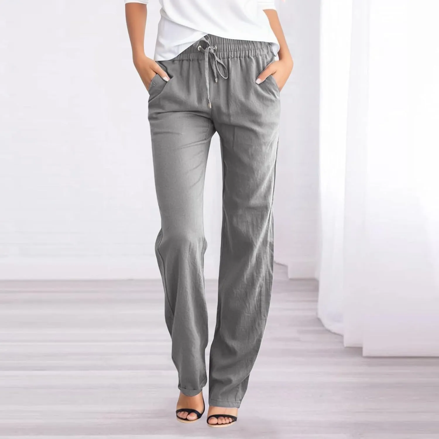 Linen Pants Women Straight Leg Drawstring Casual High Waisted Pants Loose Fit Summer Pant with Pockets Lounge Trousers