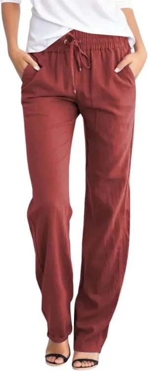 Linen Pants Women Straight Leg Drawstring Casual High Waisted Pants Loose Fit Summer Pant with Pockets Lounge Trousers