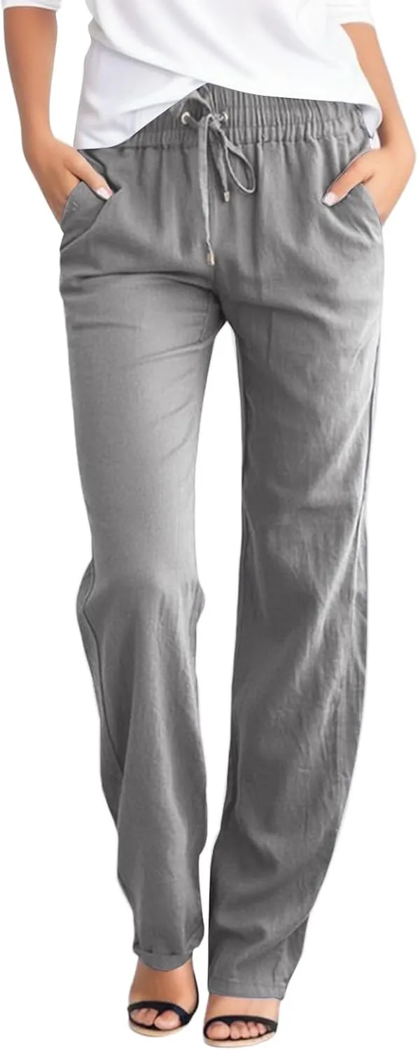 Linen Pants Women Straight Leg Drawstring Casual High Waisted Pants Loose Fit Summer Pant with Pockets Lounge Trousers
