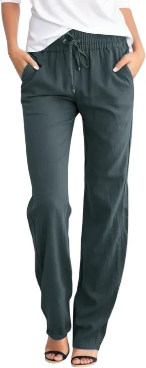 Linen Pants Women Straight Leg Drawstring Casual High Waisted Pants Loose Fit Summer Pant with Pockets Lounge Trousers