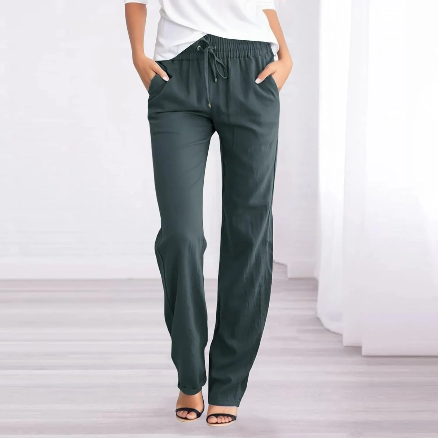 Linen Pants Women Straight Leg Drawstring Casual High Waisted Pants Loose Fit Summer Pant with Pockets Lounge Trousers