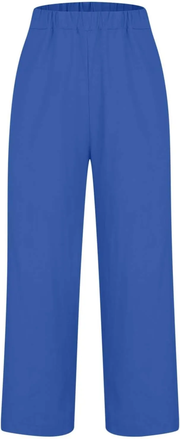 Linen Pants Women Summer Casual Drawstring Lounge Pant Palazzo Pants Elastic Waist Cotton Linen Trousers with Pockets