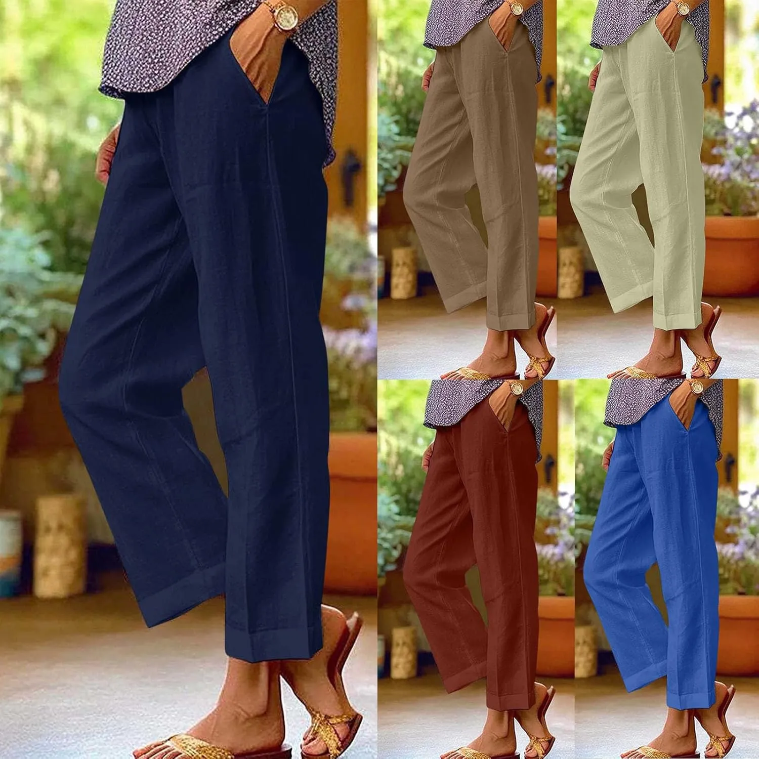 Linen Pants Women Summer Casual Drawstring Lounge Pant Palazzo Pants Elastic Waist Cotton Linen Trousers with Pockets