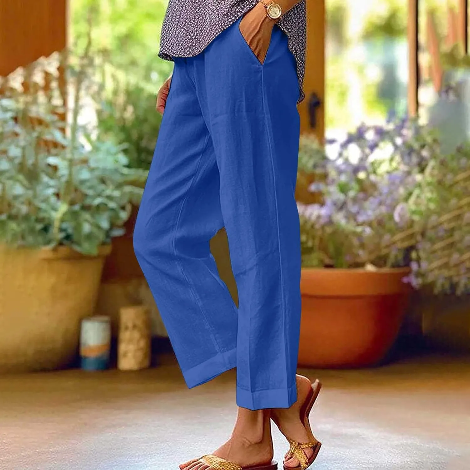 Linen Pants Women Summer Casual Drawstring Lounge Pant Palazzo Pants Elastic Waist Cotton Linen Trousers with Pockets