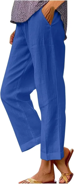 Linen Pants Women Summer Casual Drawstring Lounge Pant Palazzo Pants Elastic Waist Cotton Linen Trousers with Pockets