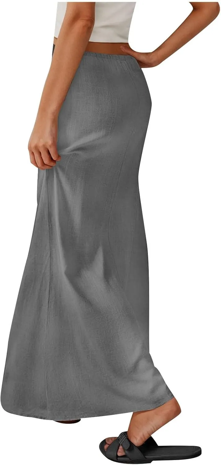 Linen Skirts for Women Summer Trendy Drawstring Low Waist A Line Skirt Casual Loose Flowy Beach Vacation Boho Skirts