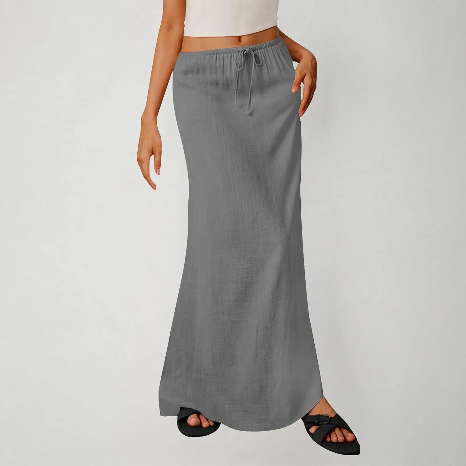 Linen Skirts for Women Summer Trendy Drawstring Low Waist A Line Skirt Casual Loose Flowy Beach Vacation Boho Skirts