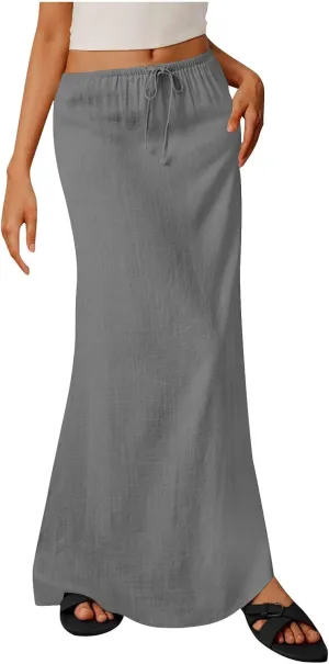 Linen Skirts for Women Summer Trendy Drawstring Low Waist A Line Skirt Casual Loose Flowy Beach Vacation Boho Skirts