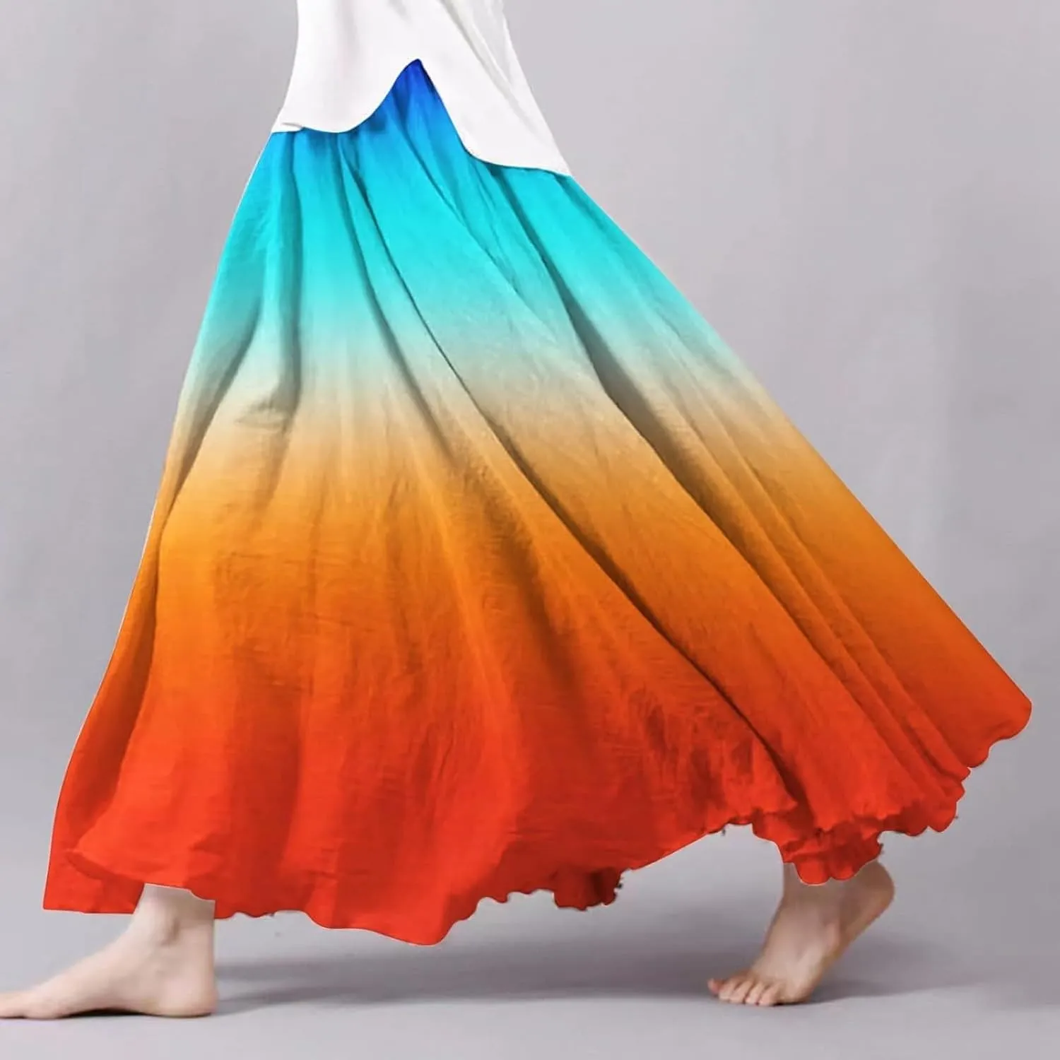 Linen Wrap Skirts for Women Pleated Summer Boho Floral Flowy Skirt Vacation High Waisted Maxi Casual Dress Skorts