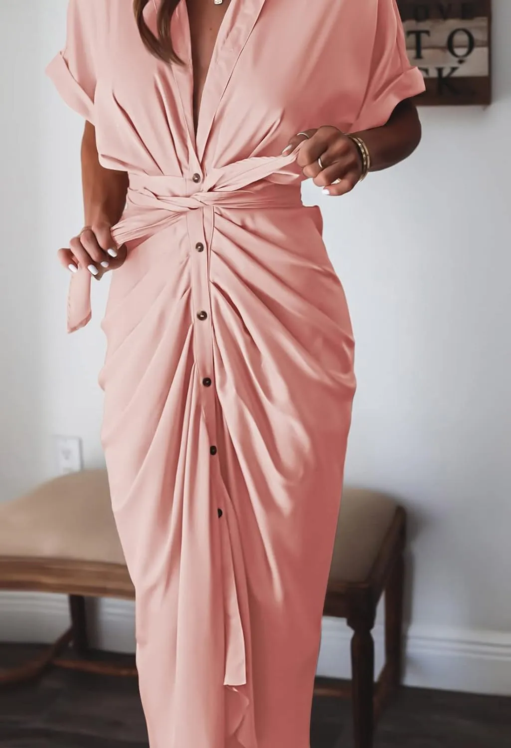 Linsery Womens Button Down Ruched Shirt Dresses Elegant Wrap Maxi Dress with Belt