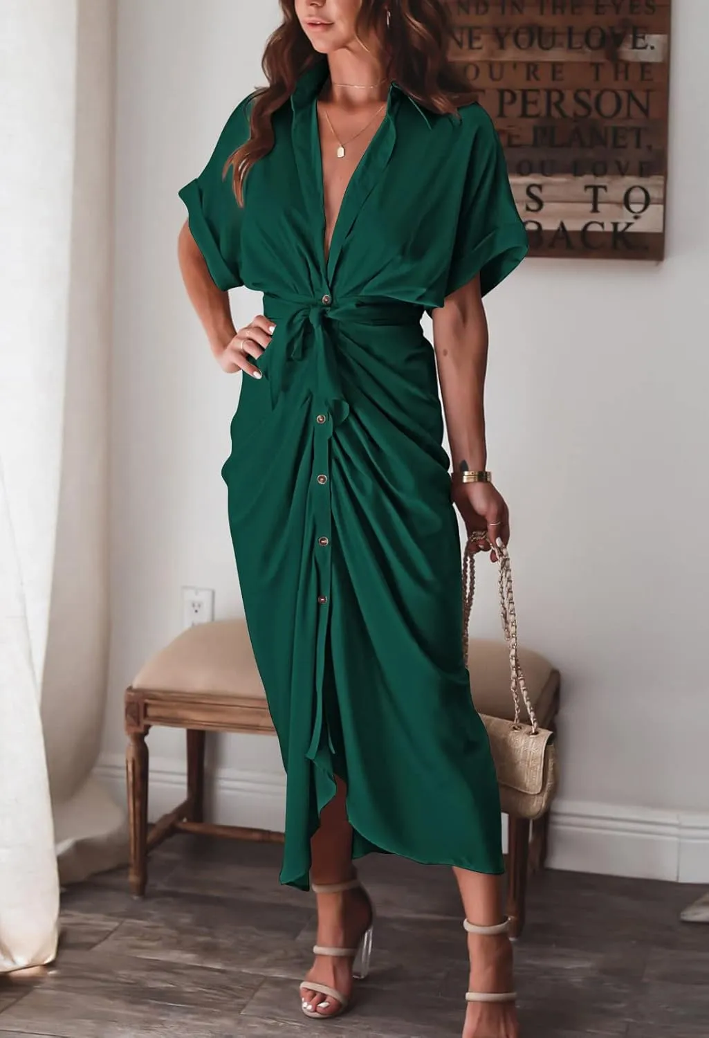 Linsery Womens Button Down Ruched Shirt Dresses Elegant Wrap Maxi Dress with Belt