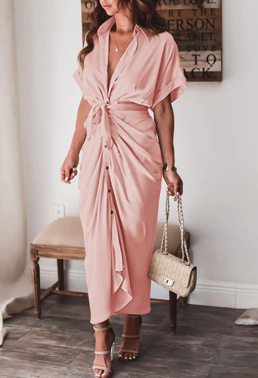 Linsery Womens Button Down Ruched Shirt Dresses Elegant Wrap Maxi Dress with Belt