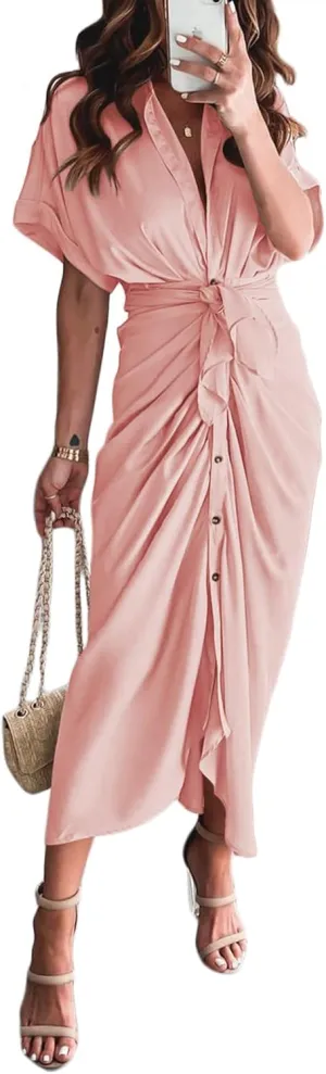 Linsery Womens Button Down Ruched Shirt Dresses Elegant Wrap Maxi Dress with Belt