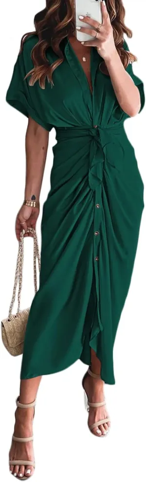 Linsery Womens Button Down Ruched Shirt Dresses Elegant Wrap Maxi Dress with Belt