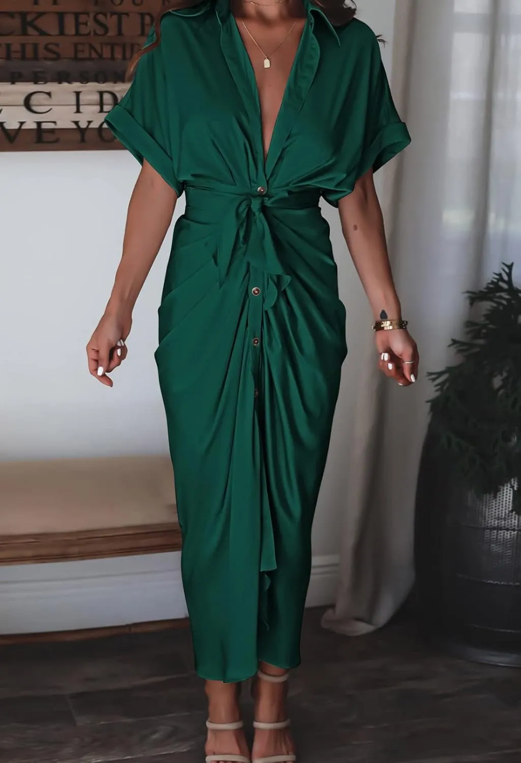 Linsery Womens Button Down Ruched Shirt Dresses Elegant Wrap Maxi Dress with Belt