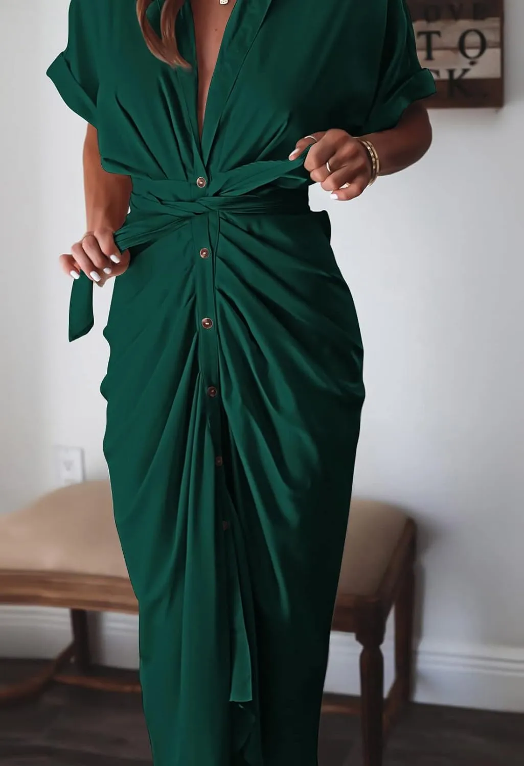 Linsery Womens Button Down Ruched Shirt Dresses Elegant Wrap Maxi Dress with Belt