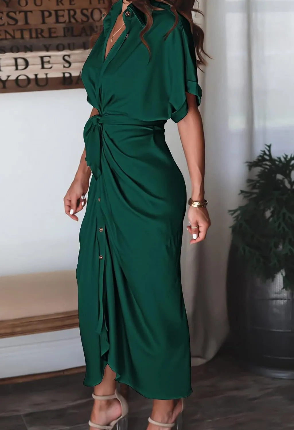Linsery Womens Button Down Ruched Shirt Dresses Elegant Wrap Maxi Dress with Belt