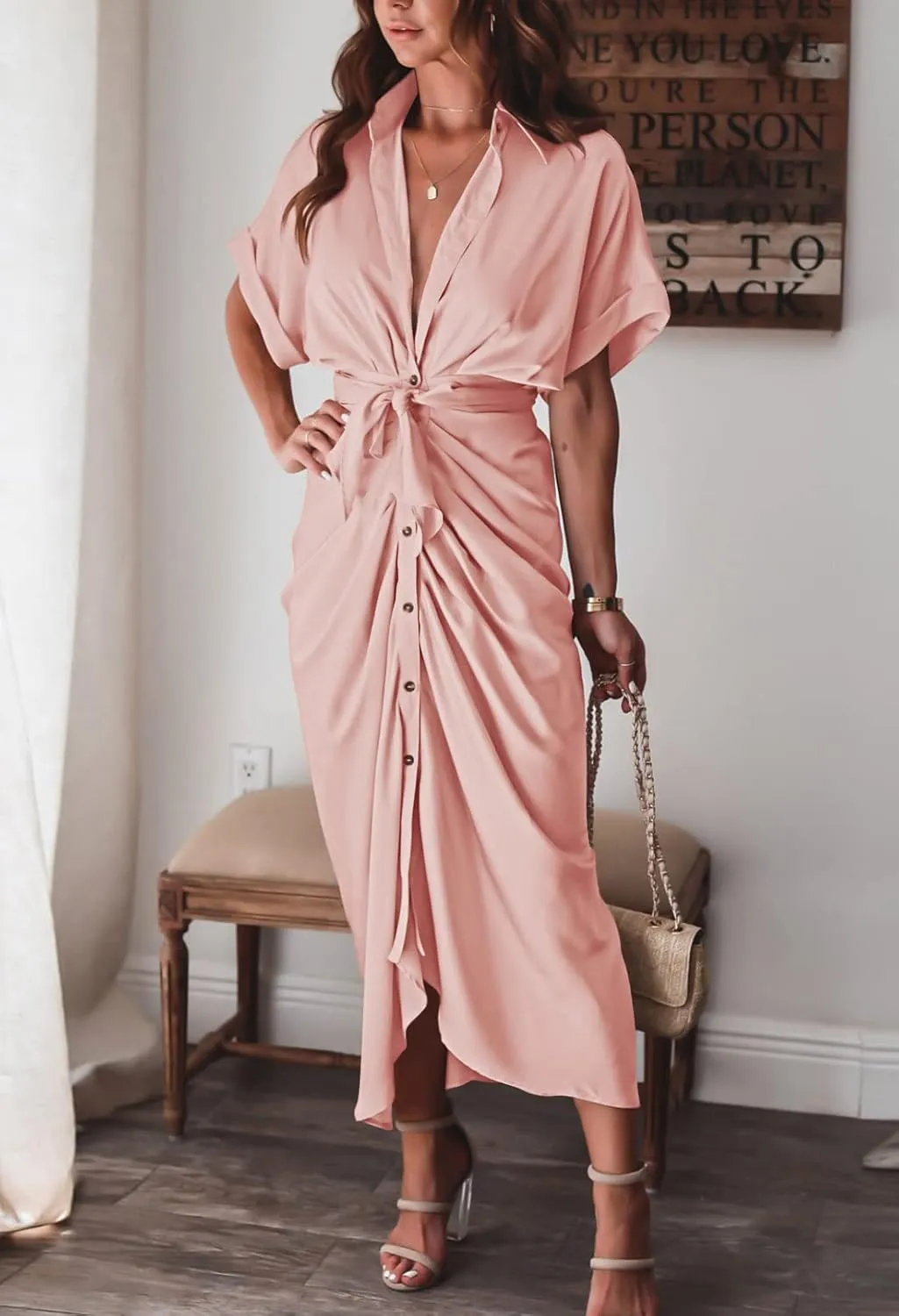 Linsery Womens Button Down Ruched Shirt Dresses Elegant Wrap Maxi Dress with Belt