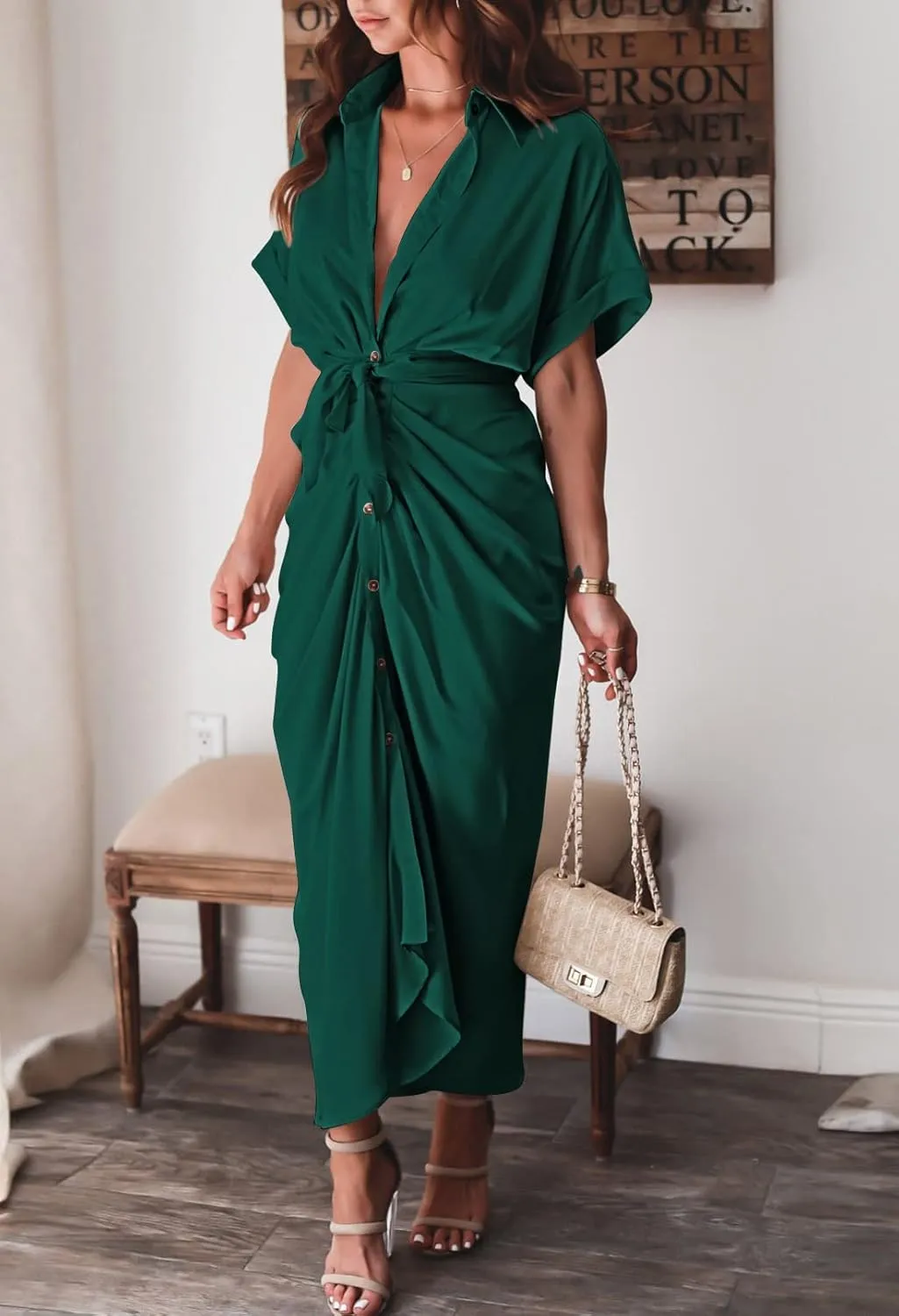 Linsery Womens Button Down Ruched Shirt Dresses Elegant Wrap Maxi Dress with Belt