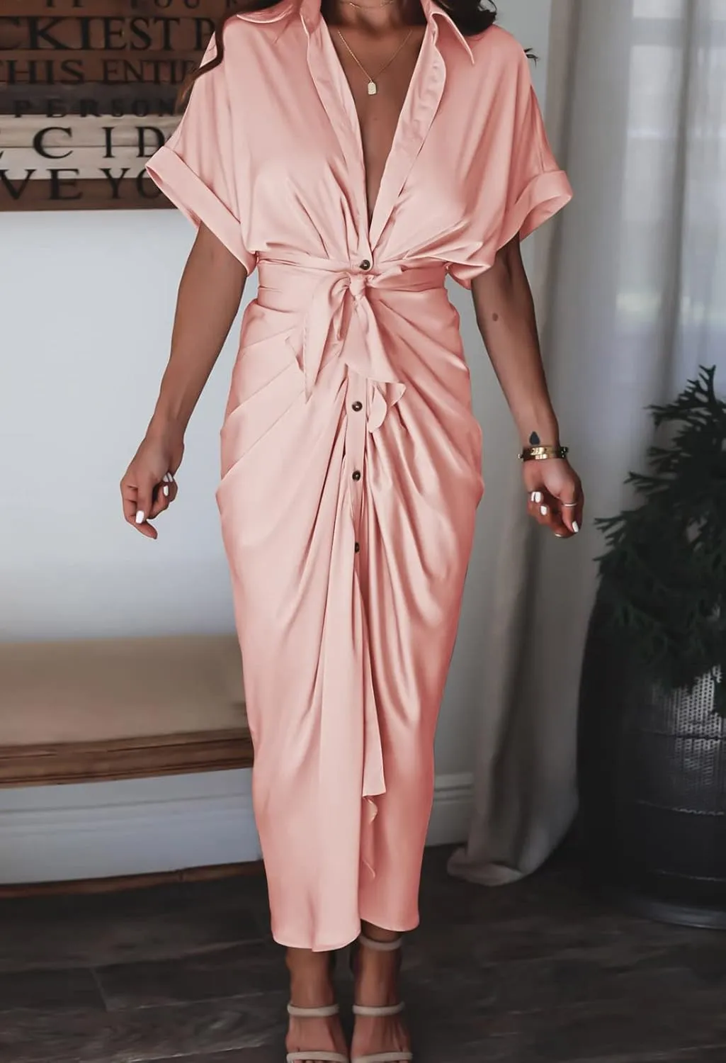 Linsery Womens Button Down Ruched Shirt Dresses Elegant Wrap Maxi Dress with Belt