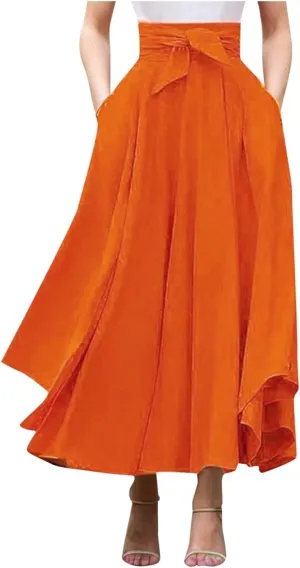 Long Maxi Skirts for Women Tie Front High Waist Side Slit Asymmetrical Irregular A-Line Flowy Boho Skirt with Pockets