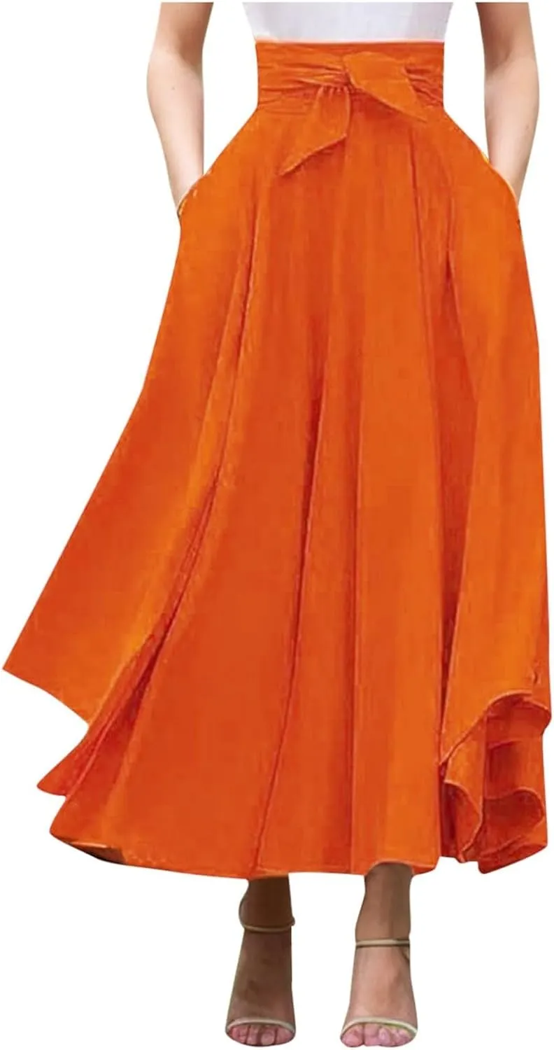 Long Maxi Skirts for Women Tie Front High Waist Side Slit Asymmetrical Irregular A-Line Flowy Boho Skirt with Pockets
