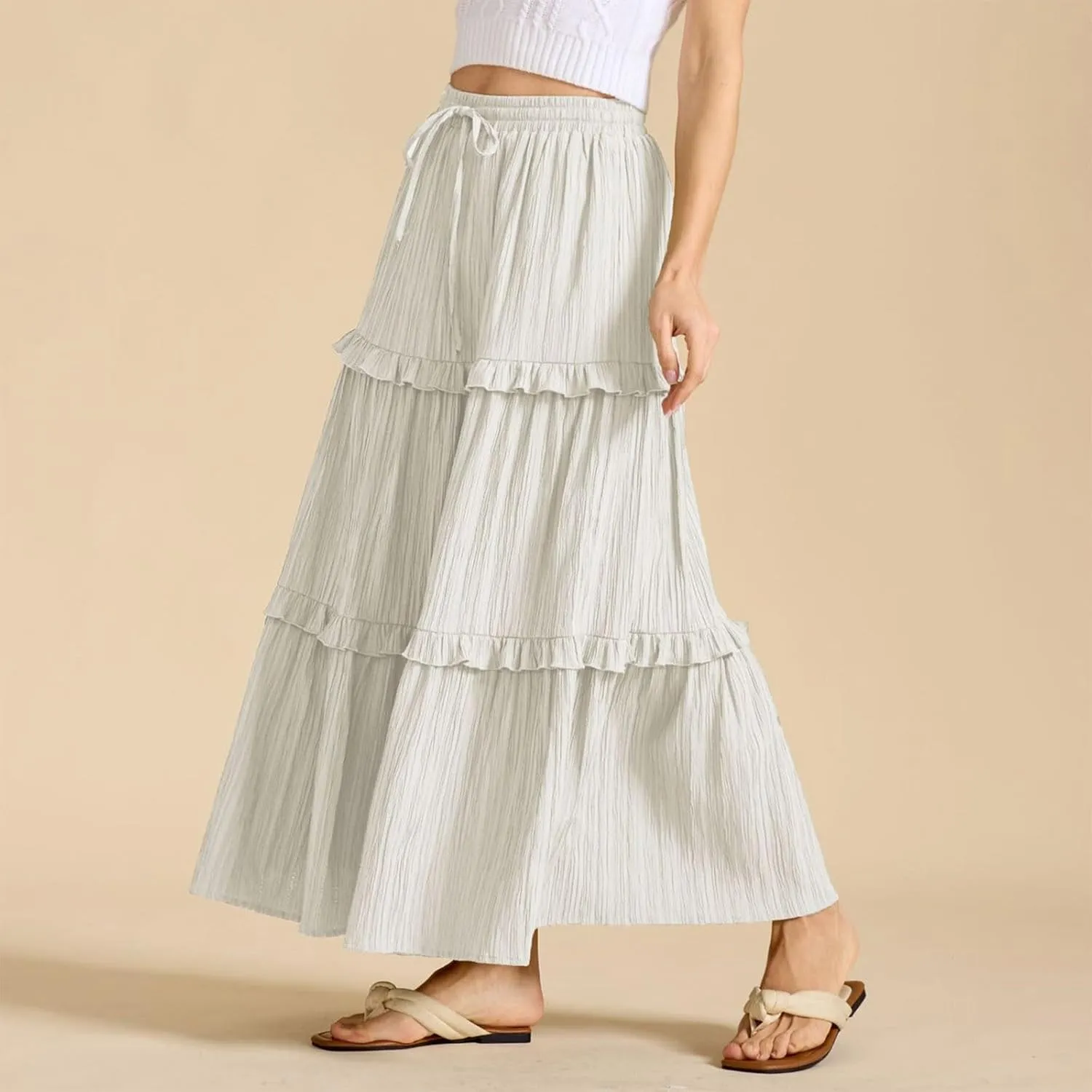 Long Skirts for Women Summer Beach Ruffled Tiered Flowy Boho Skirt Drawstring High Waist Casual Maxi Dress Skorts