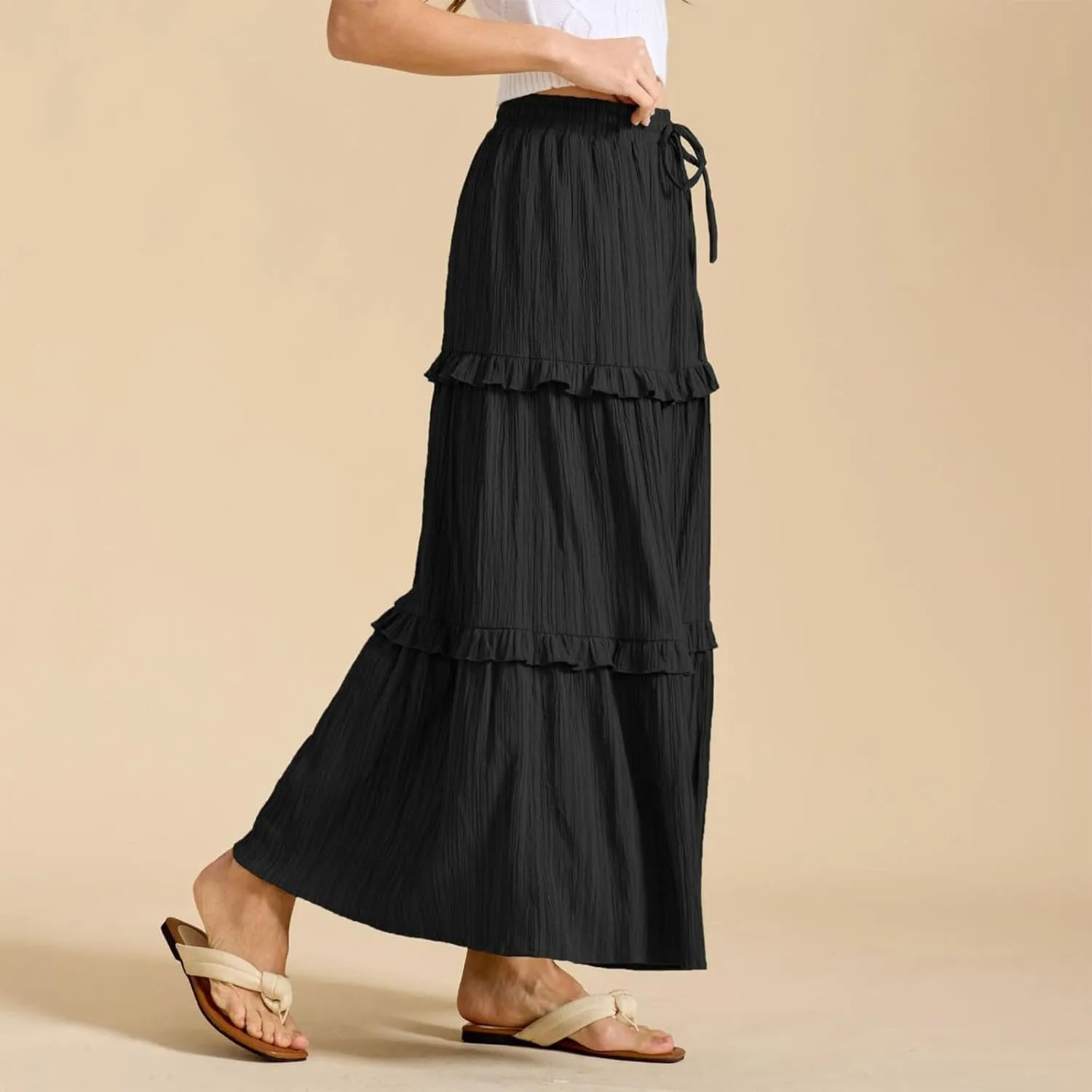 Long Skirts for Women Summer Beach Ruffled Tiered Flowy Boho Skirt Drawstring High Waist Casual Maxi Dress Skorts