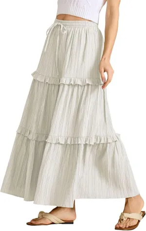 Long Skirts for Women Summer Beach Ruffled Tiered Flowy Boho Skirt Drawstring High Waist Casual Maxi Dress Skorts
