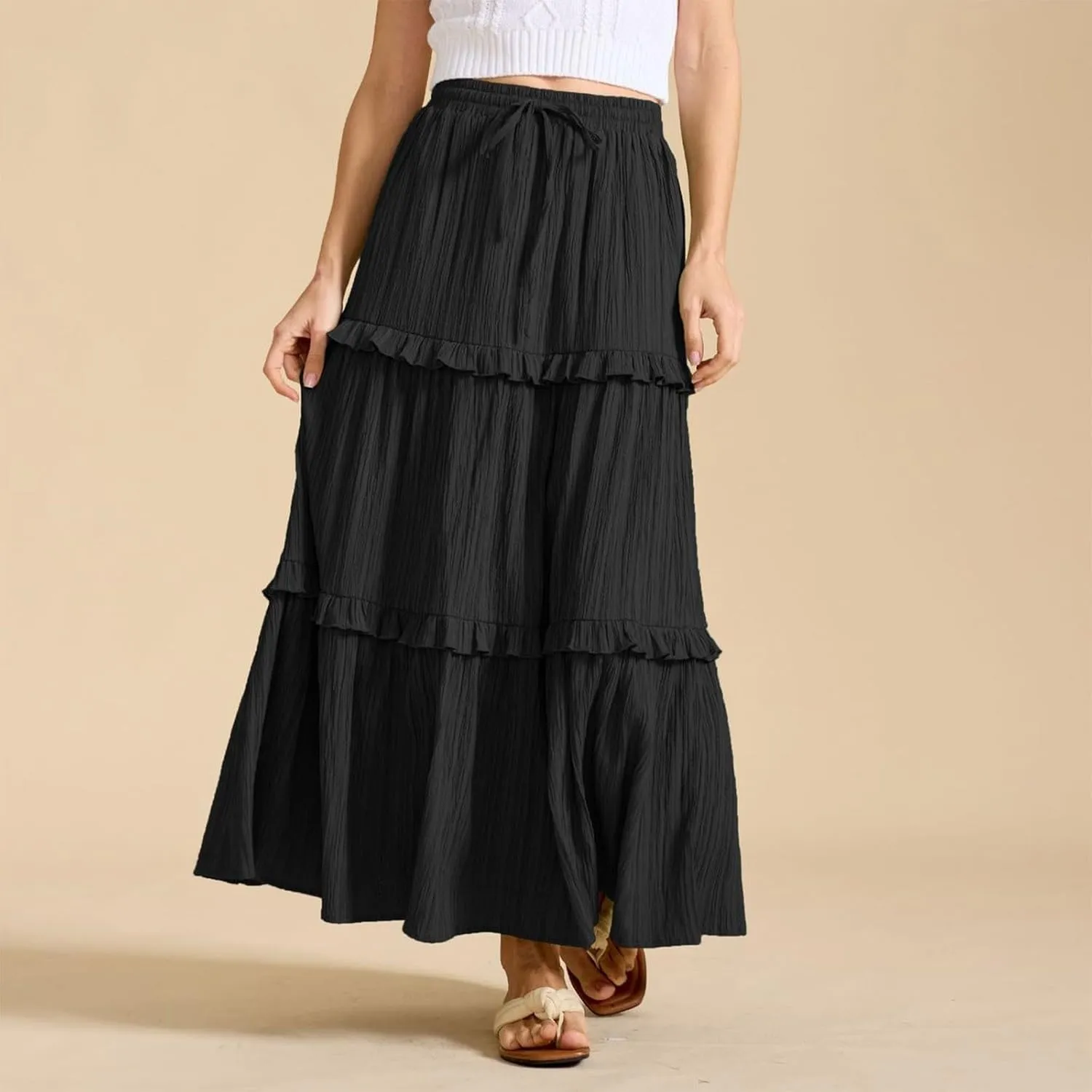 Long Skirts for Women Summer Beach Ruffled Tiered Flowy Boho Skirt Drawstring High Waist Casual Maxi Dress Skorts