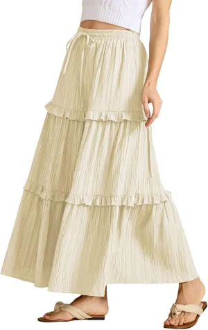 Long Skirts for Women Summer Beach Ruffled Tiered Flowy Boho Skirt Drawstring High Waist Casual Maxi Dress Skorts